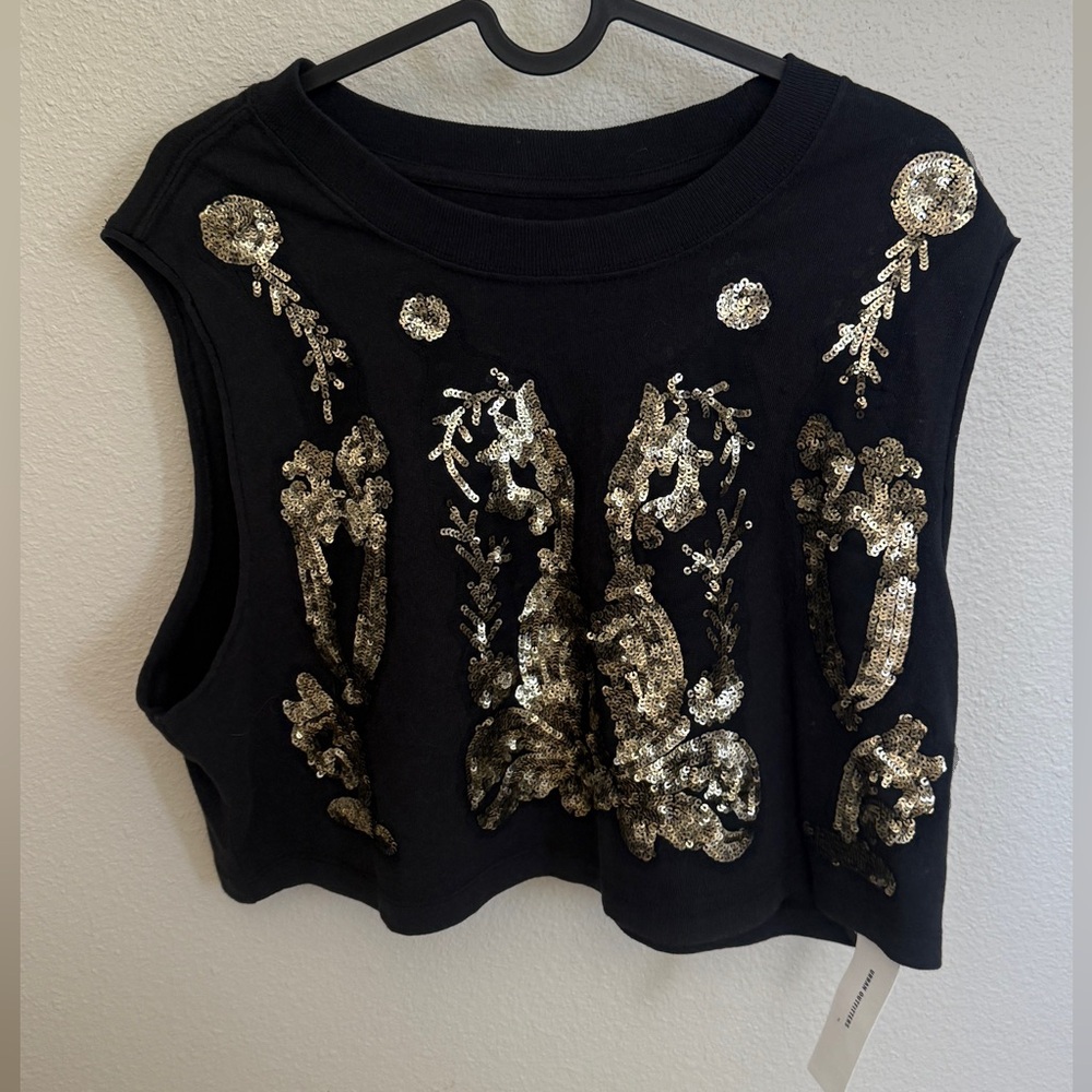 Urban Outfitters Black and Gold Embellished Crop Muscle Tee